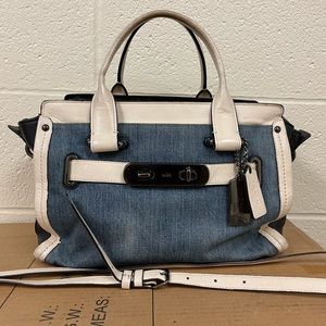 Coach Denim Swagger w/ Chalk White Leather Trim Satchel zip top closure